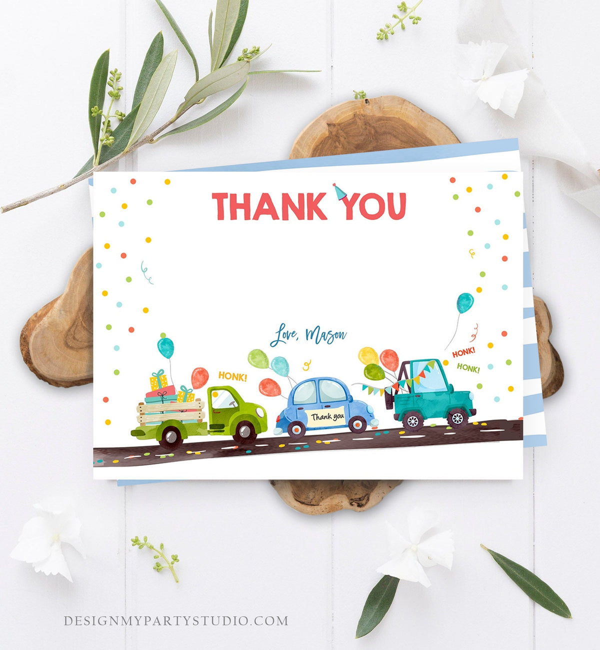 Editable Drive By Birthday Parade Thank You Card Virtual Party Invite Honk Wave Car Boy Blue Quarantine Instant Download Digital Corjl 0333