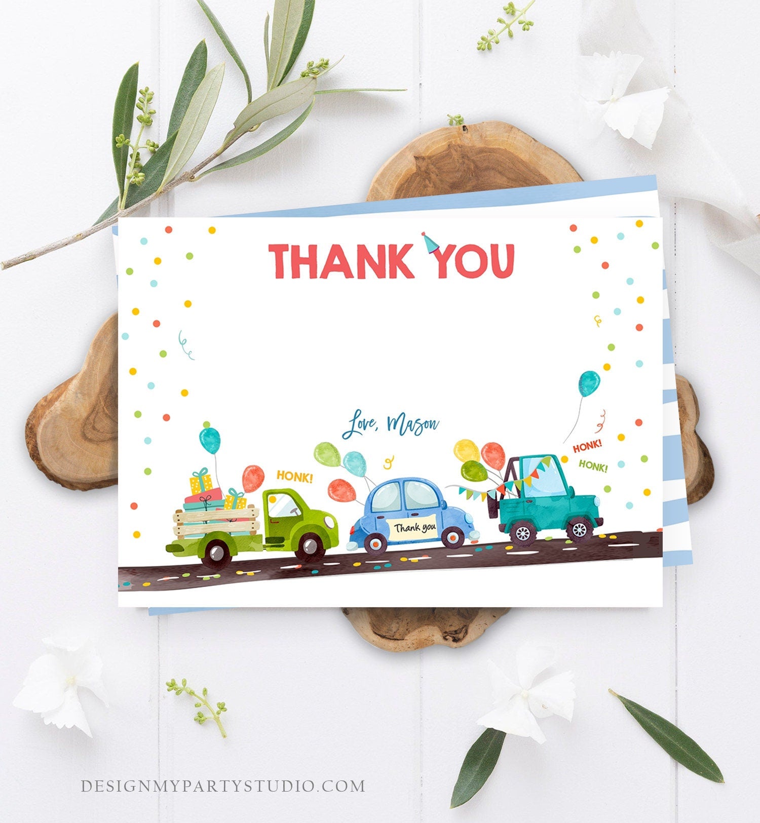 Editable Drive By Birthday Parade Thank You Card Virtual Party Invite Honk Wave Car Boy Blue Quarantine Instant Download Digital Corjl 0333