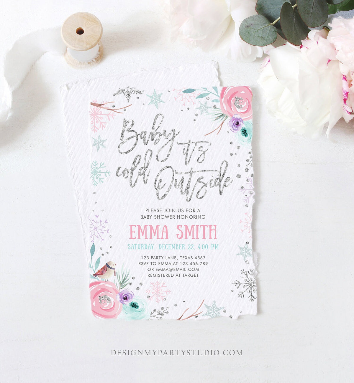 Editable Baby It&#39;s Cold Outside Winter Baby Shower Invitation Snowflakes Gender Neutral Pink Girl Template Instant Download Corjl 0256