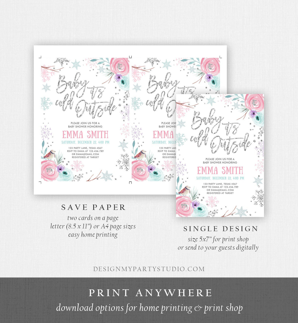 Editable Baby It&#39;s Cold Outside Winter Baby Shower Invitation Snowflakes Gender Neutral Pink Girl Template Instant Download Corjl 0256