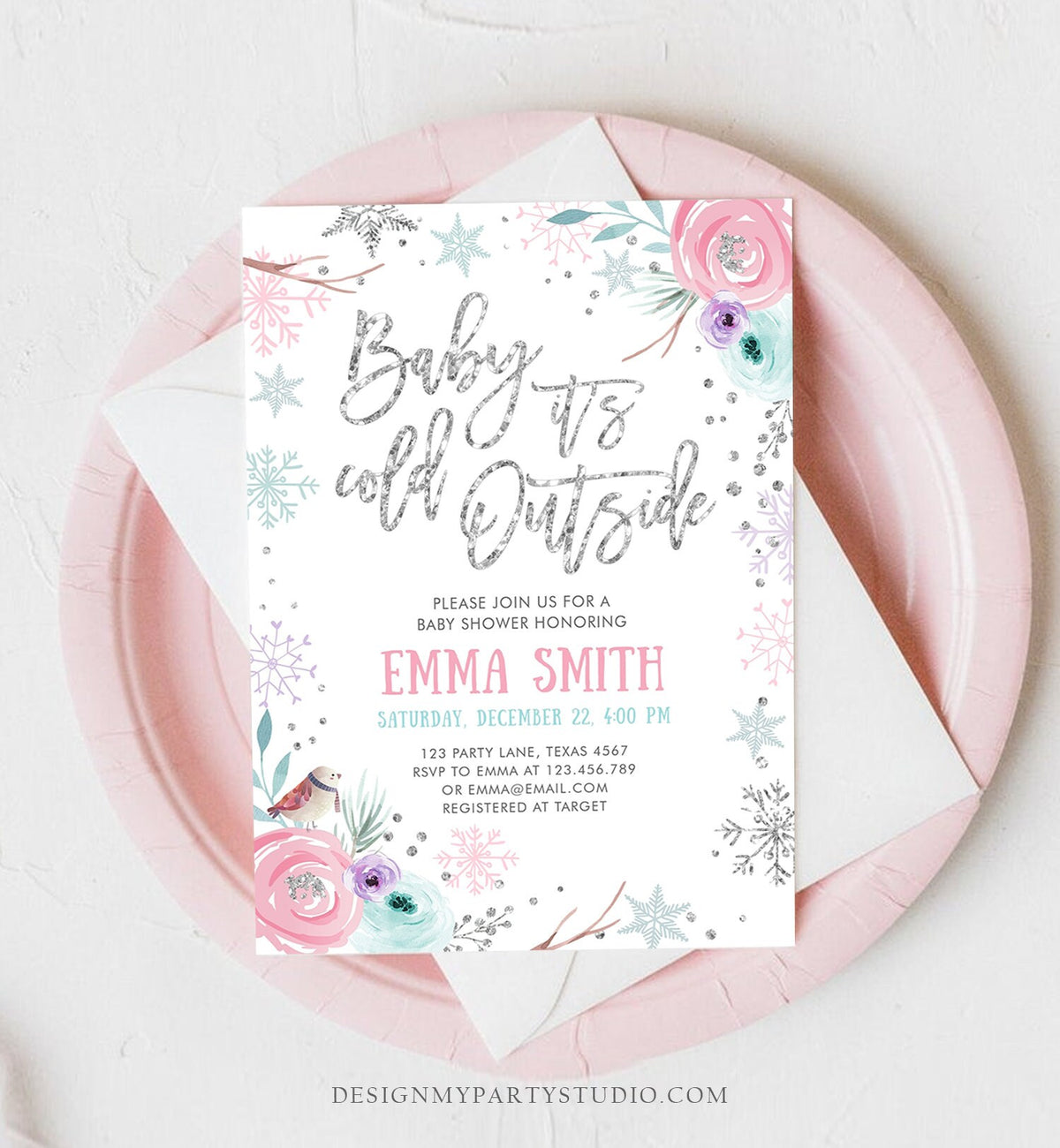 Editable Baby It&#39;s Cold Outside Winter Baby Shower Invitation Snowflakes Gender Neutral Pink Girl Template Instant Download Corjl 0256