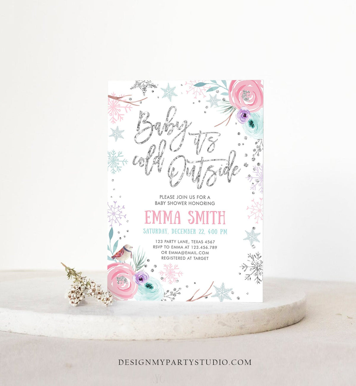 Editable Baby It&#39;s Cold Outside Winter Baby Shower Invitation Snowflakes Gender Neutral Pink Girl Template Instant Download Corjl 0256