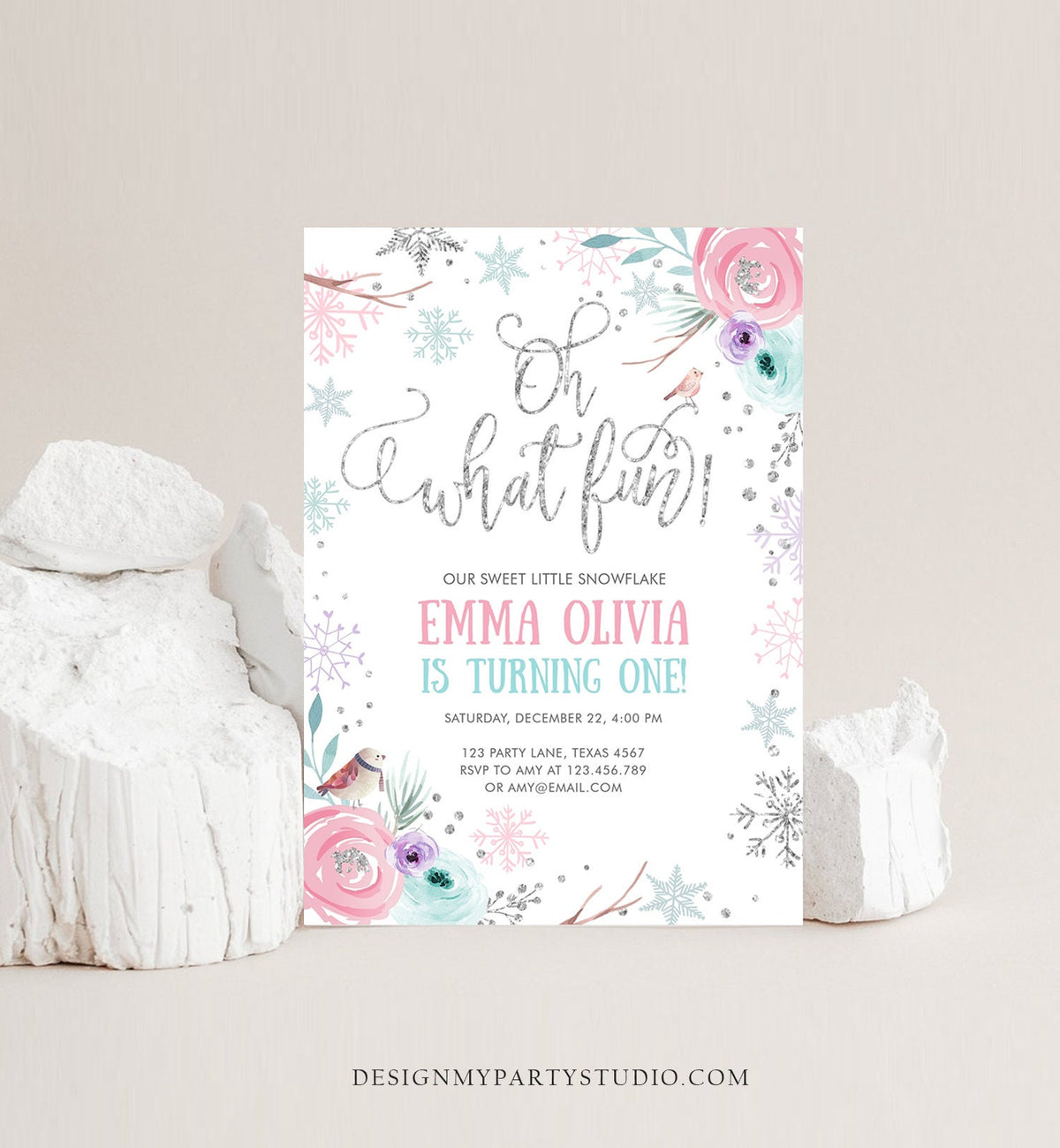 Editable Oh What Fun Birthday Invitation Winter Onederland First Birthday Snowflake Pink Silver Purple Floral Printable Template Corjl 0256