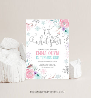 Editable Oh What Fun Birthday Invitation Winter Onederland First Birthday Snowflake Pink Silver Purple Floral Printable Template Corjl 0256