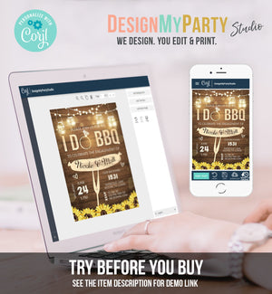 Editable I Do BBQ Invitation Couples Shower Invite Engagement Party Rustic Wood Lights Sunflowers Printable Template Corjl Digital 0015