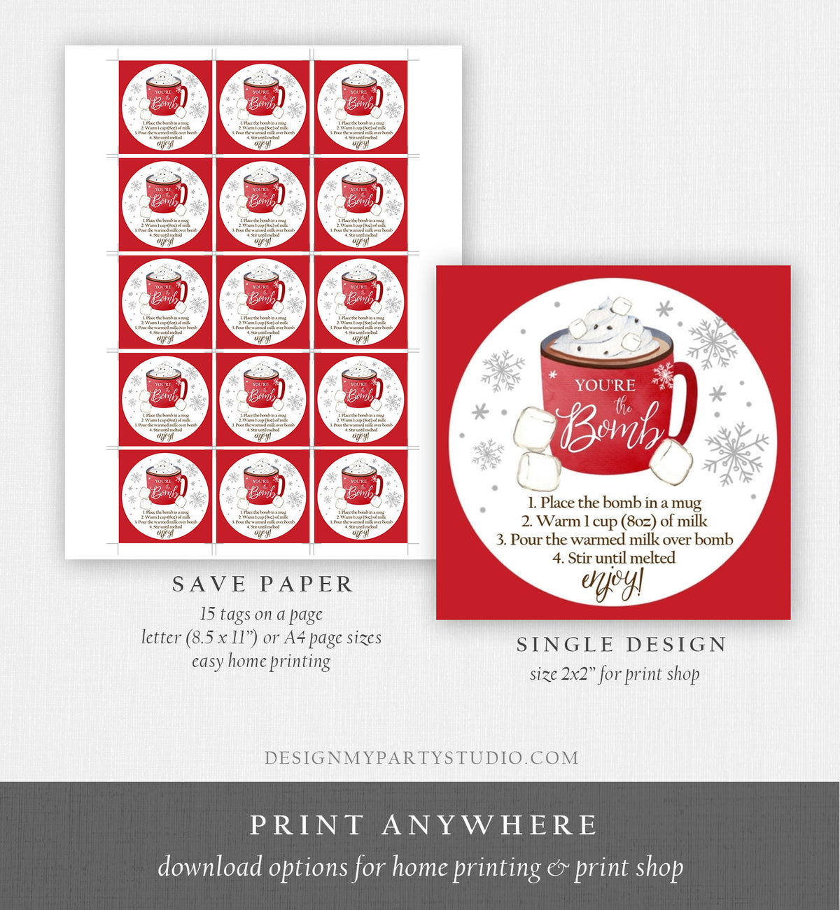 Editable Hot Chocolate Bomb Tags Bomb Instructions Cookies and Cocoa Favor Tags Winter Christmas You&#39;re The Bomb Digital PRINTABLE 0353