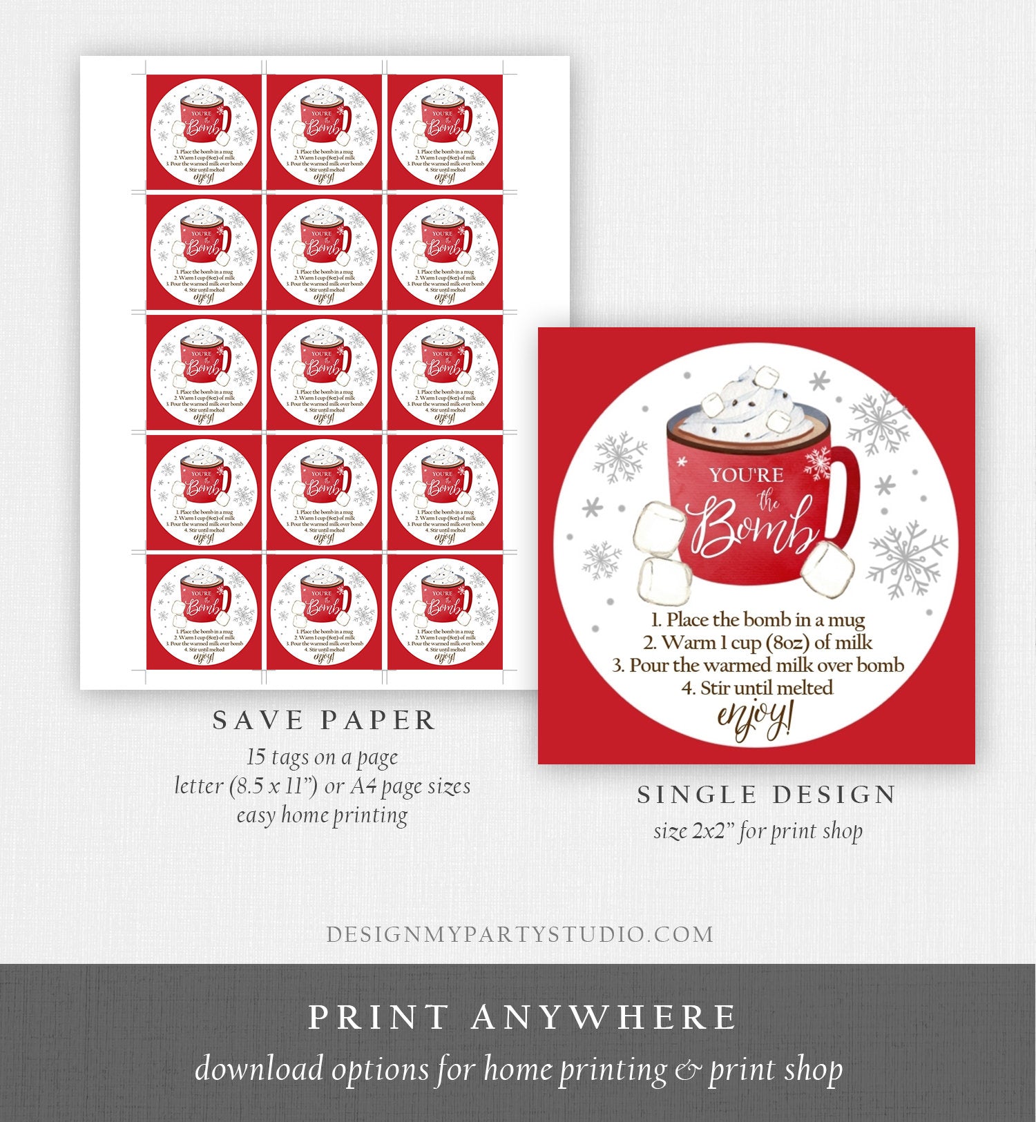 Editable Hot Chocolate Bomb Tags Bomb Instructions Cookies and Cocoa Favor Tags Winter Christmas You're The Bomb Digital PRINTABLE 0353