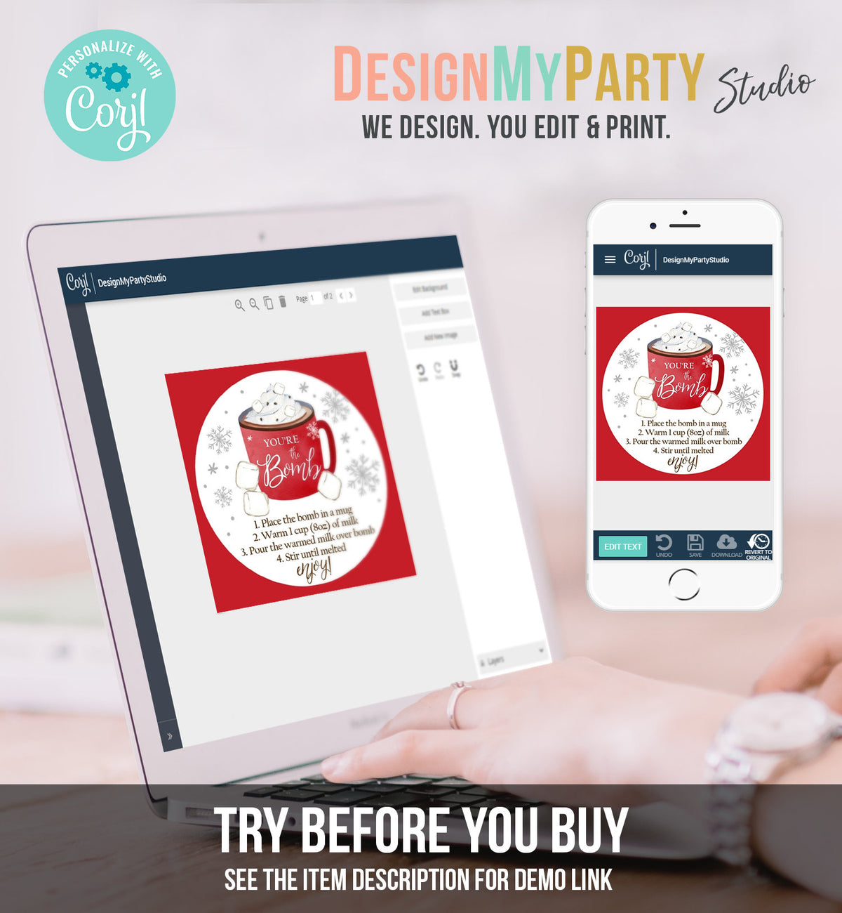 Editable Hot Chocolate Bomb Tags Bomb Instructions Cookies and Cocoa Favor Tags Winter Christmas You&#39;re The Bomb Digital PRINTABLE 0353