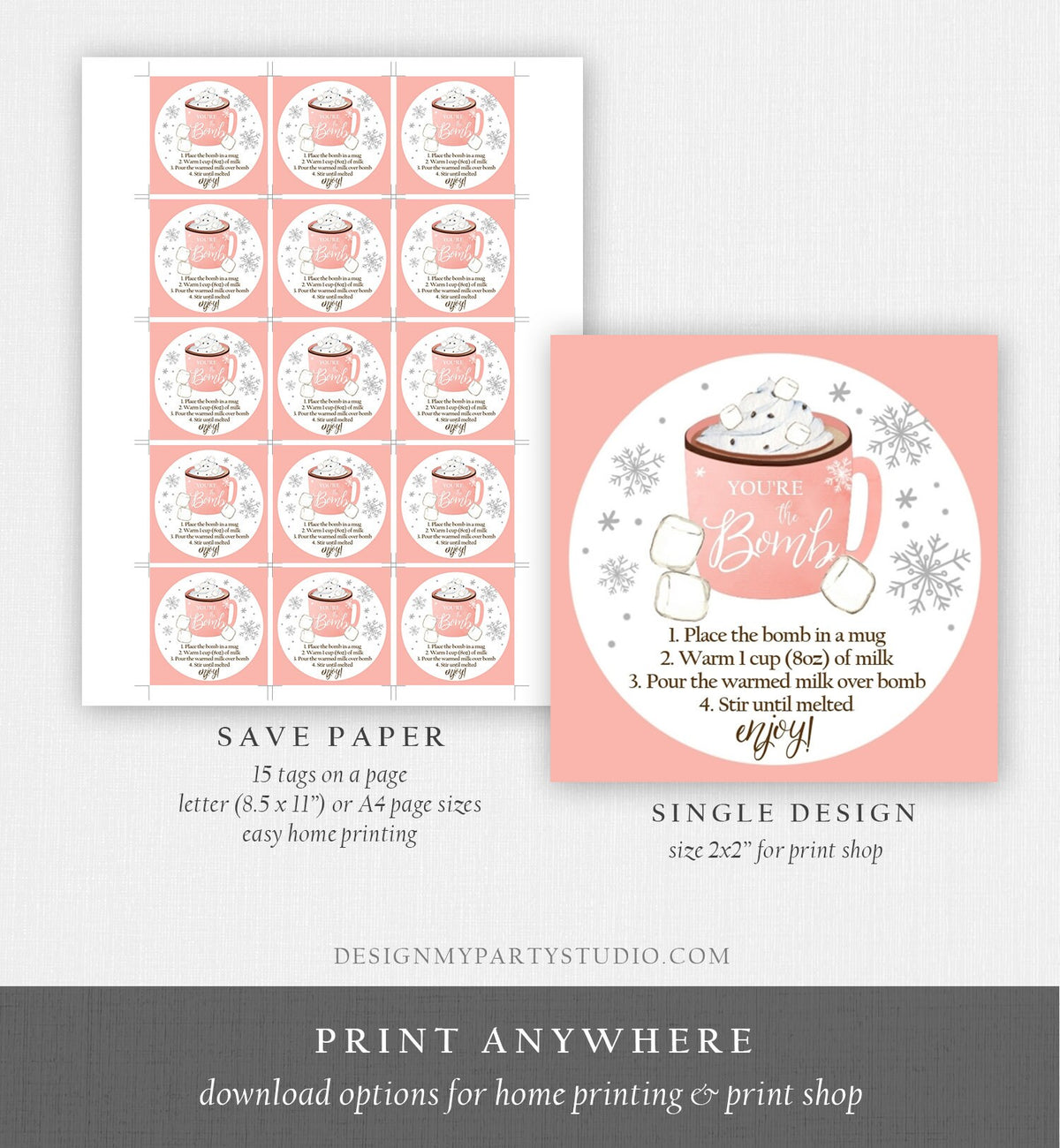 Editable Hot Chocolate Bomb Tags Bomb Instructions Cookies and Cocoa Favor Tags Winter Christmas You&#39;re The Bomb Digital PRINTABLE 0353