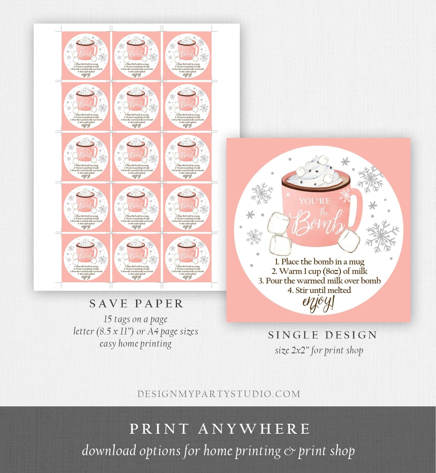 Editable Hot Chocolate Bomb Tags Bomb Instructions Cookies and Cocoa Favor Tags Winter Christmas You're The Bomb Digital PRINTABLE 0353