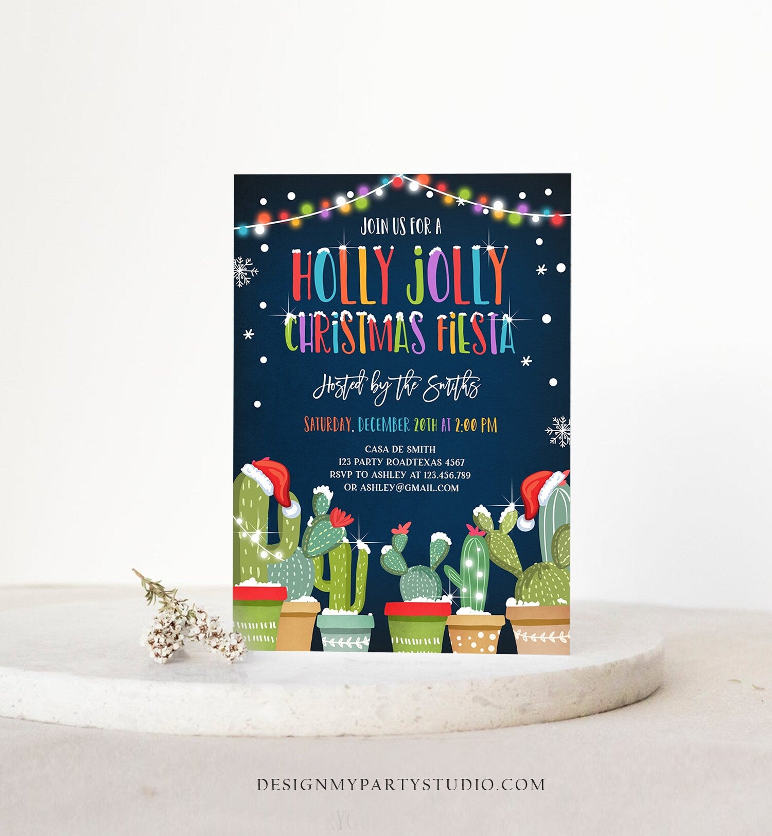 Editable Holly Jolly Christmas Fiesta Invitation Cactus Mexican Holiday Xmas Party Feliz Navidad Digital Printable Corjl Template 0273