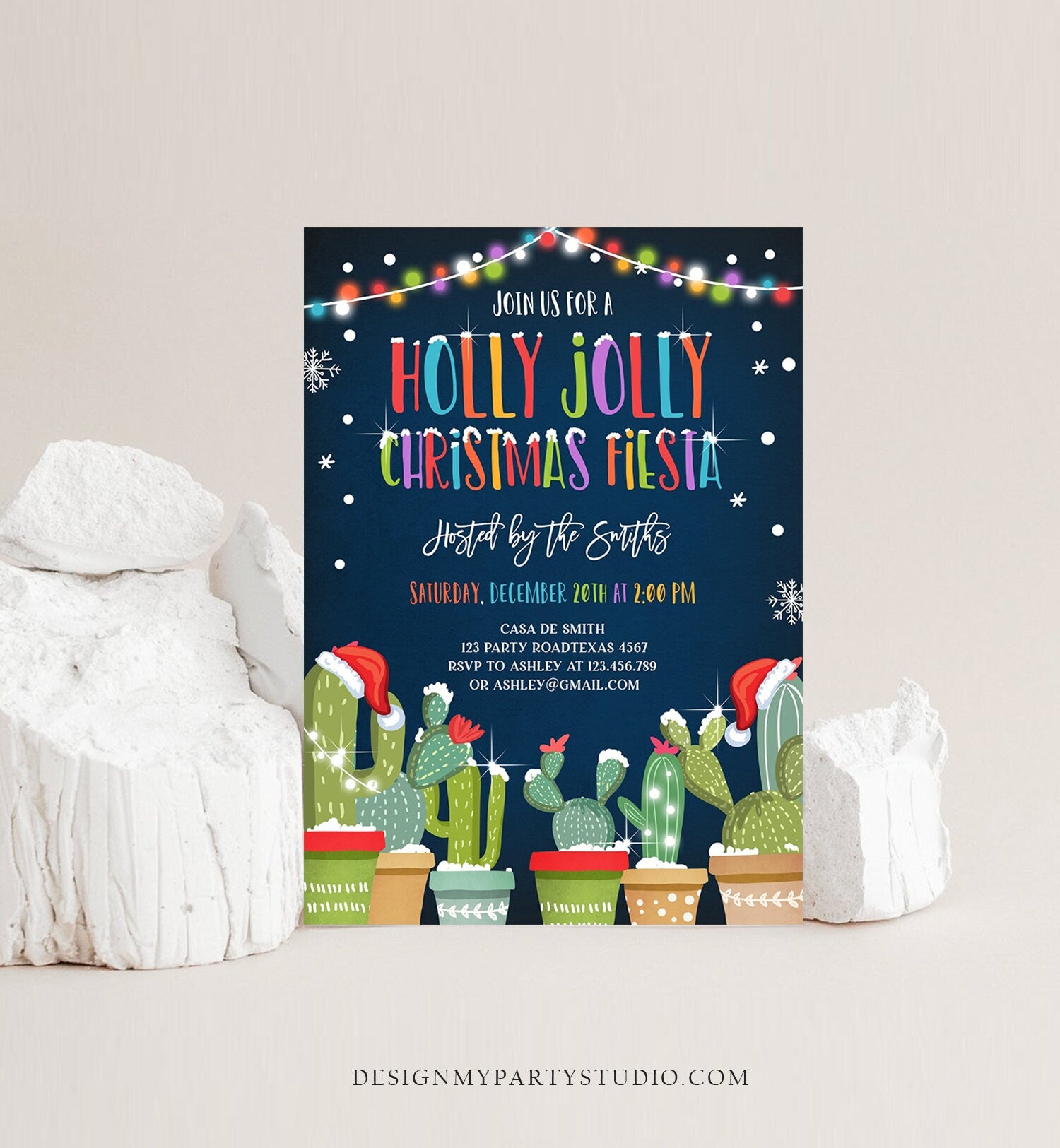Editable Holly Jolly Christmas Fiesta Invitation Cactus Mexican Holiday Xmas Party Feliz Navidad Digital Printable Corjl Template 0273