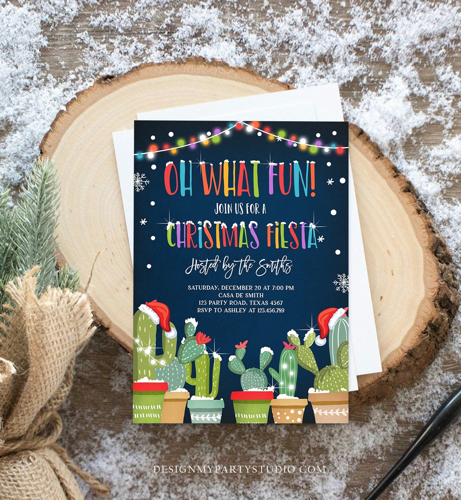 Editable Oh What Fun Christmas Fiesta Invitation Cactus Mexican Holiday Feliz Navidad Invite Digital Printable Corjl Template 0273