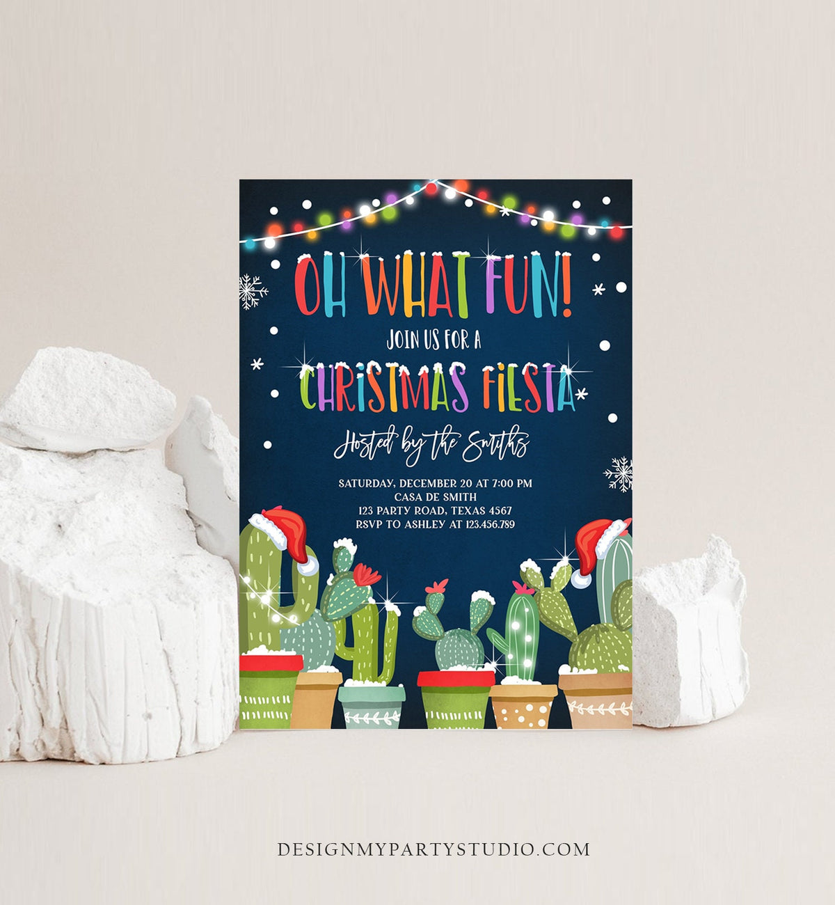 Editable Oh What Fun Christmas Fiesta Invitation Cactus Mexican Holiday Feliz Navidad Invite Digital Printable Corjl Template 0273