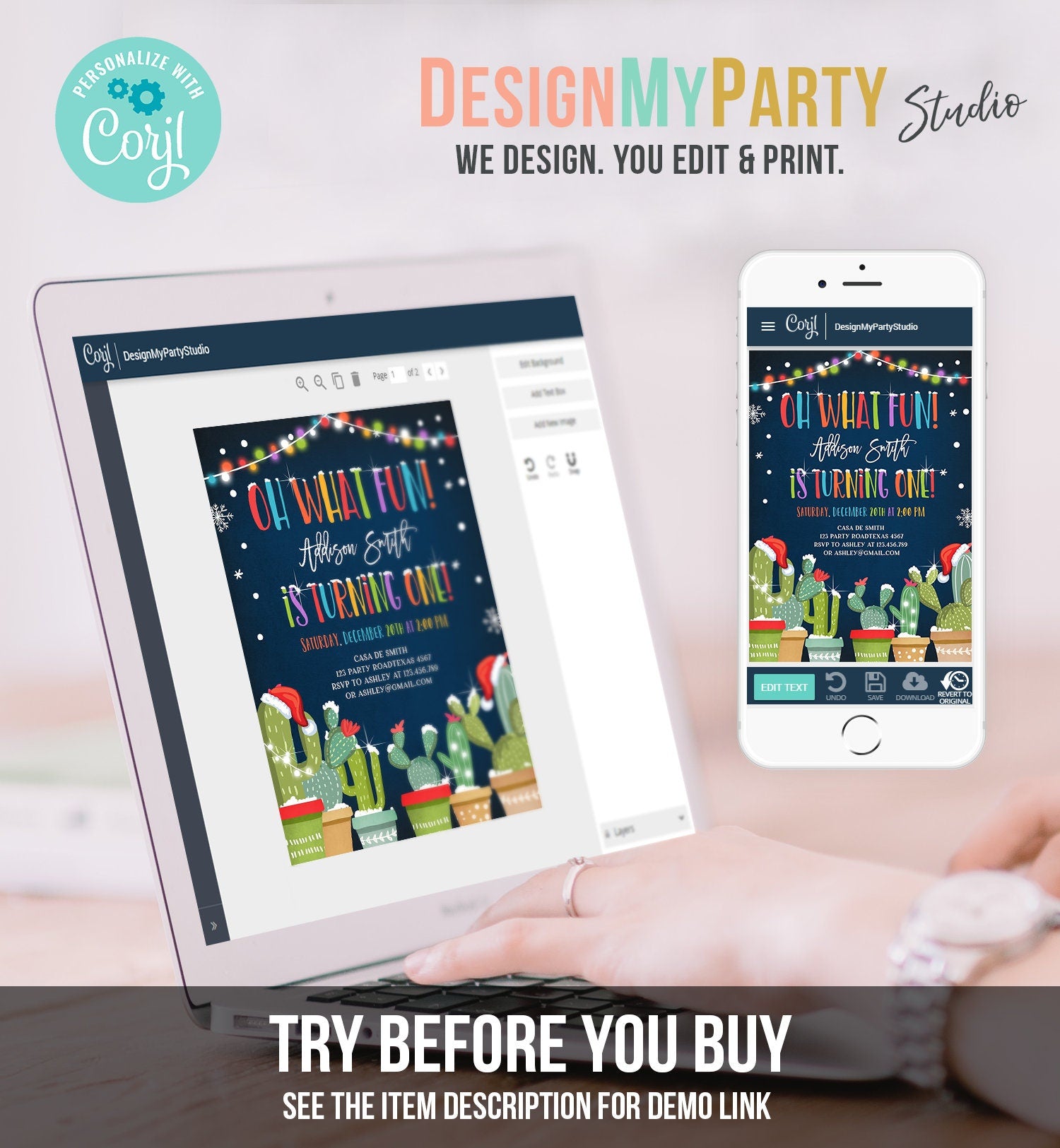 Editable Oh What Fun Christmas Fiesta Invitation First Birthday 1st Cactus Mexican Holiday Feliz Navidad Printable Corjl Template 0273