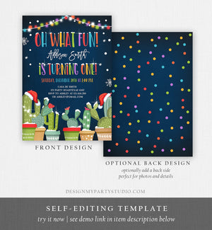 Editable Oh What Fun Christmas Fiesta Invitation First Birthday 1st Cactus Mexican Holiday Feliz Navidad Printable Corjl Template 0273