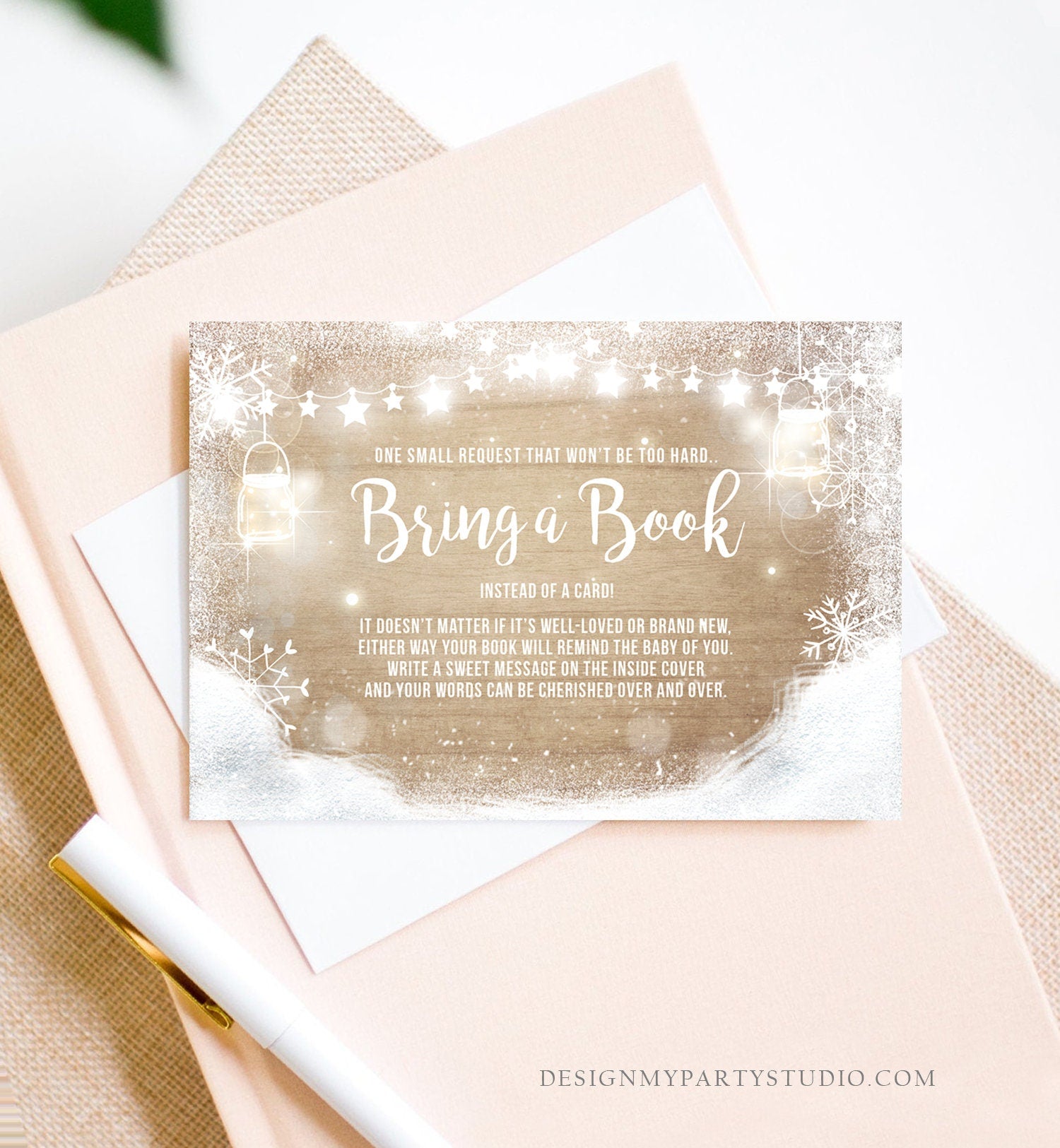 Editable Baby It’s Cold Outside Bring a Book Card Baby Shower Book Insert Winter Snowflakes Wood Neutral Corjl Template Printable 0031