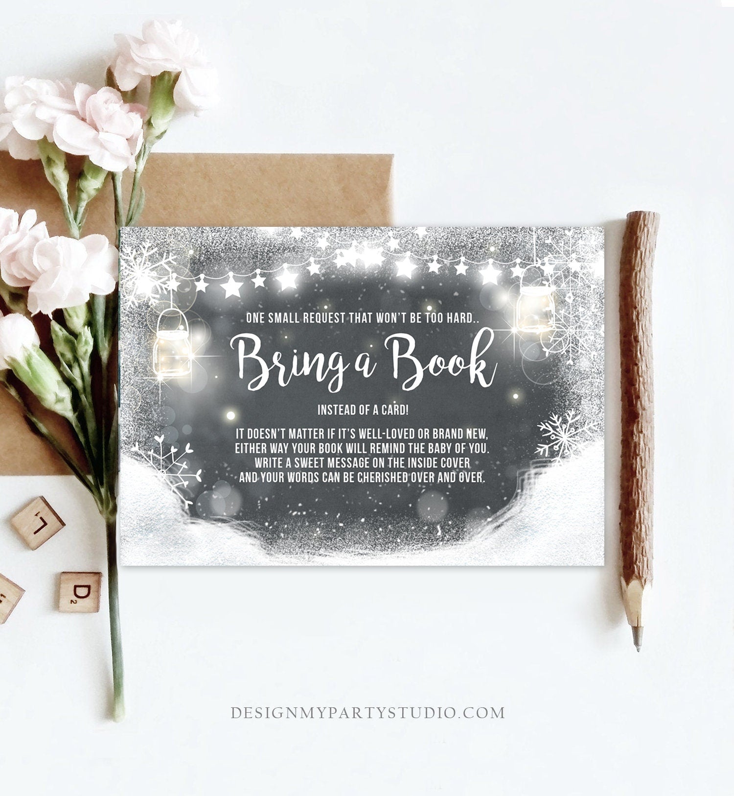 Editable Baby It’s Cold Outside Bring a Book Card Baby Shower Book Insert Winter Snowflakes Wood Neutral Corjl Template Printable 0031