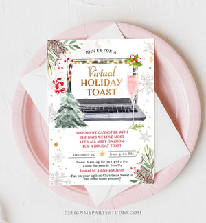 Editable Virtual Holiday Toast Invitation Christmas Party Zoom Invite Quarantine Social Distancing Laptop Printable Template Corjl 0356