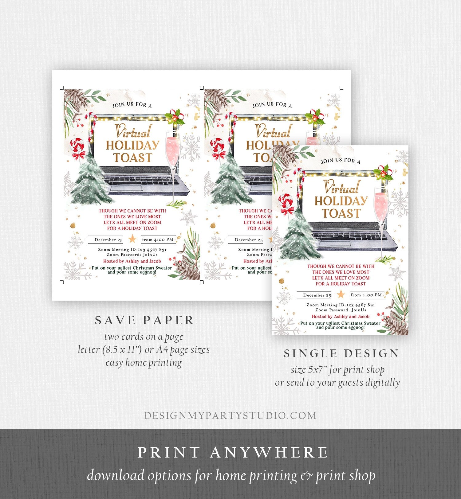 Editable Virtual Holiday Toast Invitation Christmas Party Zoom Invite Quarantine Social Distancing Laptop Printable Template Corjl 0356
