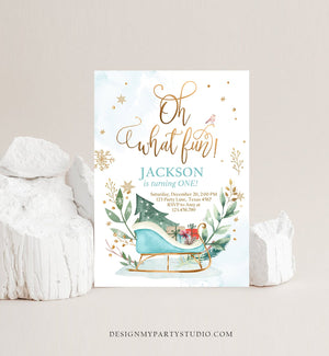 Editable Oh What Fun! Holiday 1st Winter Birthday Invitation Winter Christmas Party Sleigh Trees Boy Blue Gold Printable Template DIY 0353