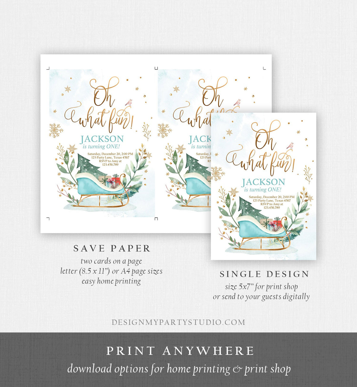 Editable Oh What Fun! Holiday 1st Winter Birthday Invitation Winter Christmas Party Sleigh Trees Boy Blue Gold Printable Template DIY 0353