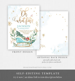 Editable Oh What Fun! Holiday 1st Winter Birthday Invitation Winter Christmas Party Sleigh Trees Boy Blue Gold Printable Template DIY 0353
