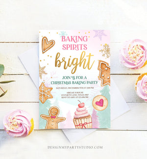 Editable Christmas Baking Invitation Cookie Party Invite Christmas Birthday Girl Pink Baking Spirits Bright Printable Template Corjl 0352