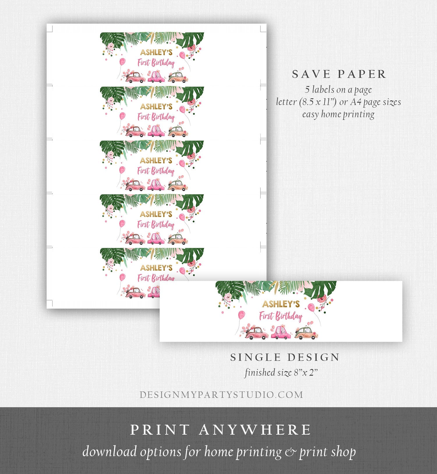 Editable Water Bottle Labels Drive By Birthday Safari Jungle Girl Pink - Design My Party Studio for Editable Free Printable Water Bottle Label Template