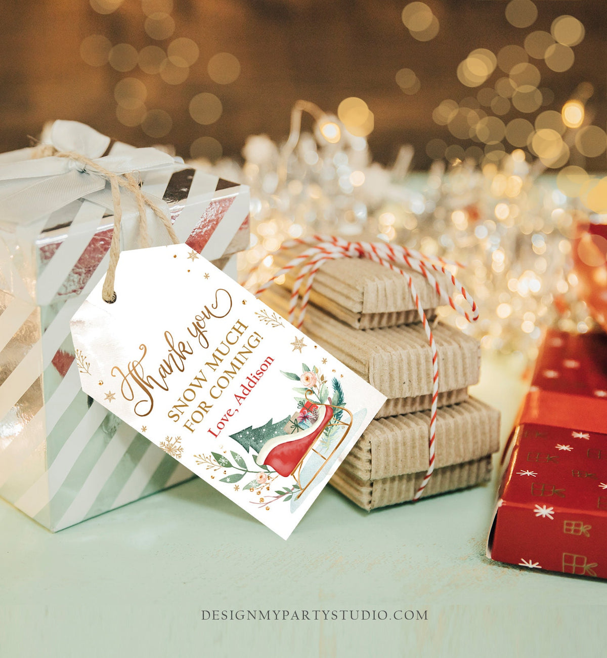 Editable Sleigh Favor Tags Holiday Gift Tags Winter Merry Christmas Holiday Oh What Fun Labels Tree Gold Santa Claus Red Template Corjl 0353