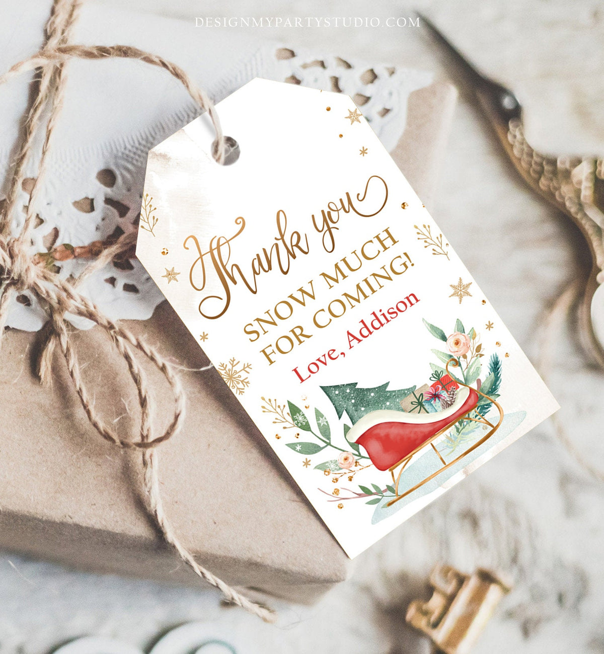 Editable Sleigh Favor Tags Holiday Gift Tags Winter Merry Christmas Holiday Oh What Fun Labels Tree Gold Santa Claus Red Template Corjl 0353