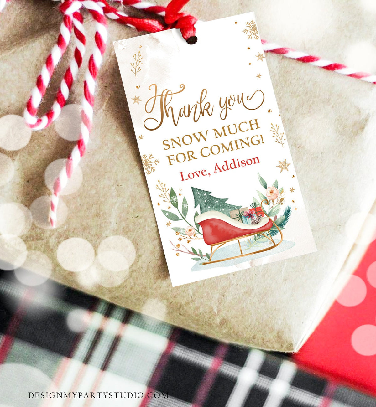 Editable Sleigh Favor Tags Holiday Gift Tags Winter Merry Christmas Holiday Oh What Fun Labels Tree Gold Santa Claus Red Template Corjl 0353