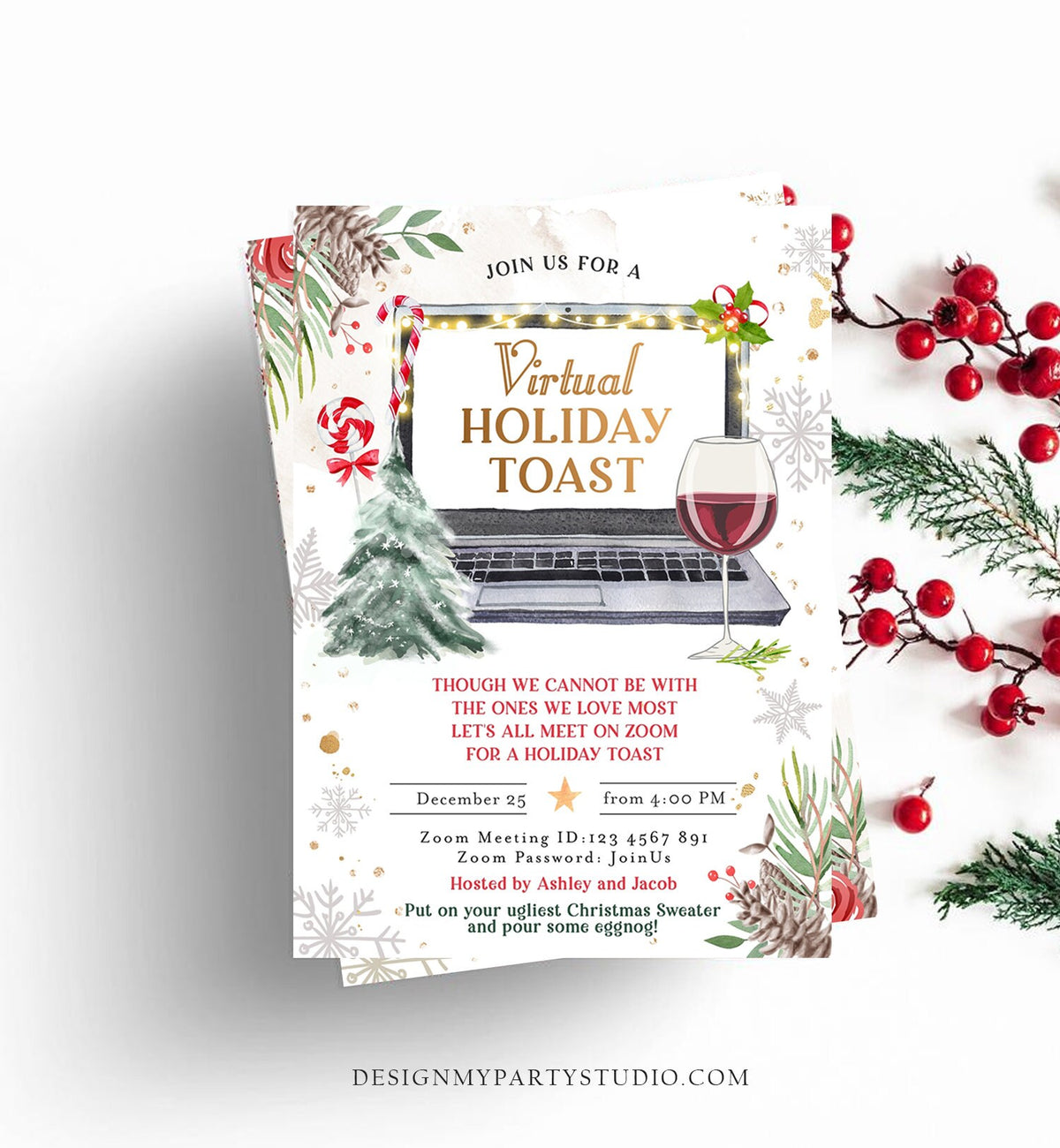Editable Virtual Holiday Toast Invitation Christmas New Year Party Zoom Quarantine Social Distancing Laptop Printable Template Corjl 0356