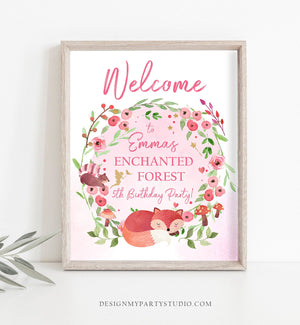 Editable Woodland Fairy Birthday Welcome Sign Enchanted Forest Birthday Girl Toadstool Fox Fairy Party Sign Template PRINTABLE Corjl 0173