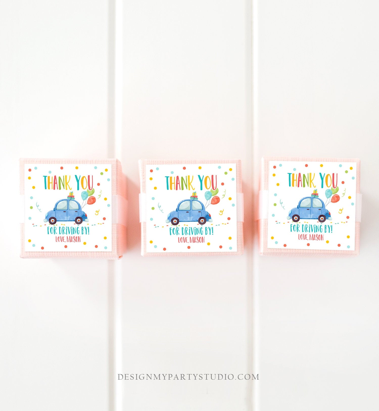 Editable Drive By Favor Tag Drive By Birthday Parade Thank You Gift Tags Quarantine Blue Car Boy Round Square Sticker Corjl Template 0333
