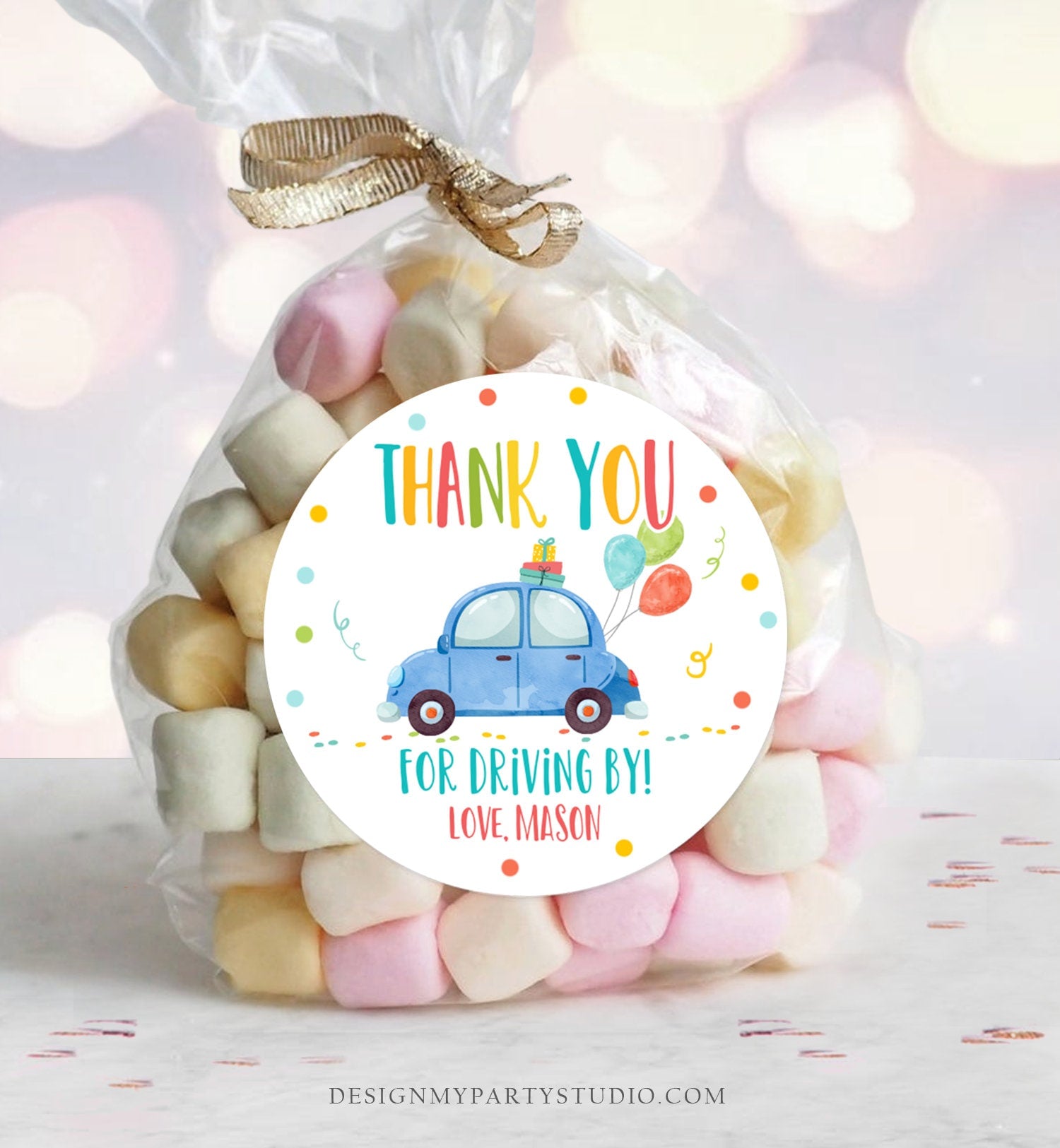 Editable Drive By Favor Tag Drive By Birthday Parade Thank You Gift Tags Quarantine Blue Car Boy Round Square Sticker Corjl Template 0333