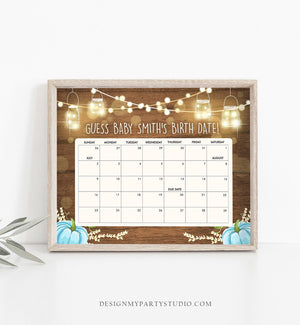 Editable Guess the Birth Date Baby Shower Game Guess Birthday Pumpkin Rustic Wood Blue Boy Fall On the Way Corjl Template Printable 0015