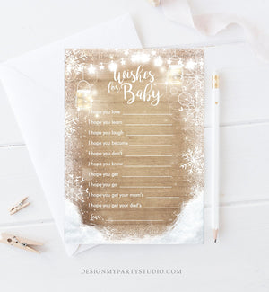 Editable Wishes for Baby Game Cards Winter Baby Shower Game Baby Its Cold Outside Activity Snow Wood Printable Download Template Corjl 0031