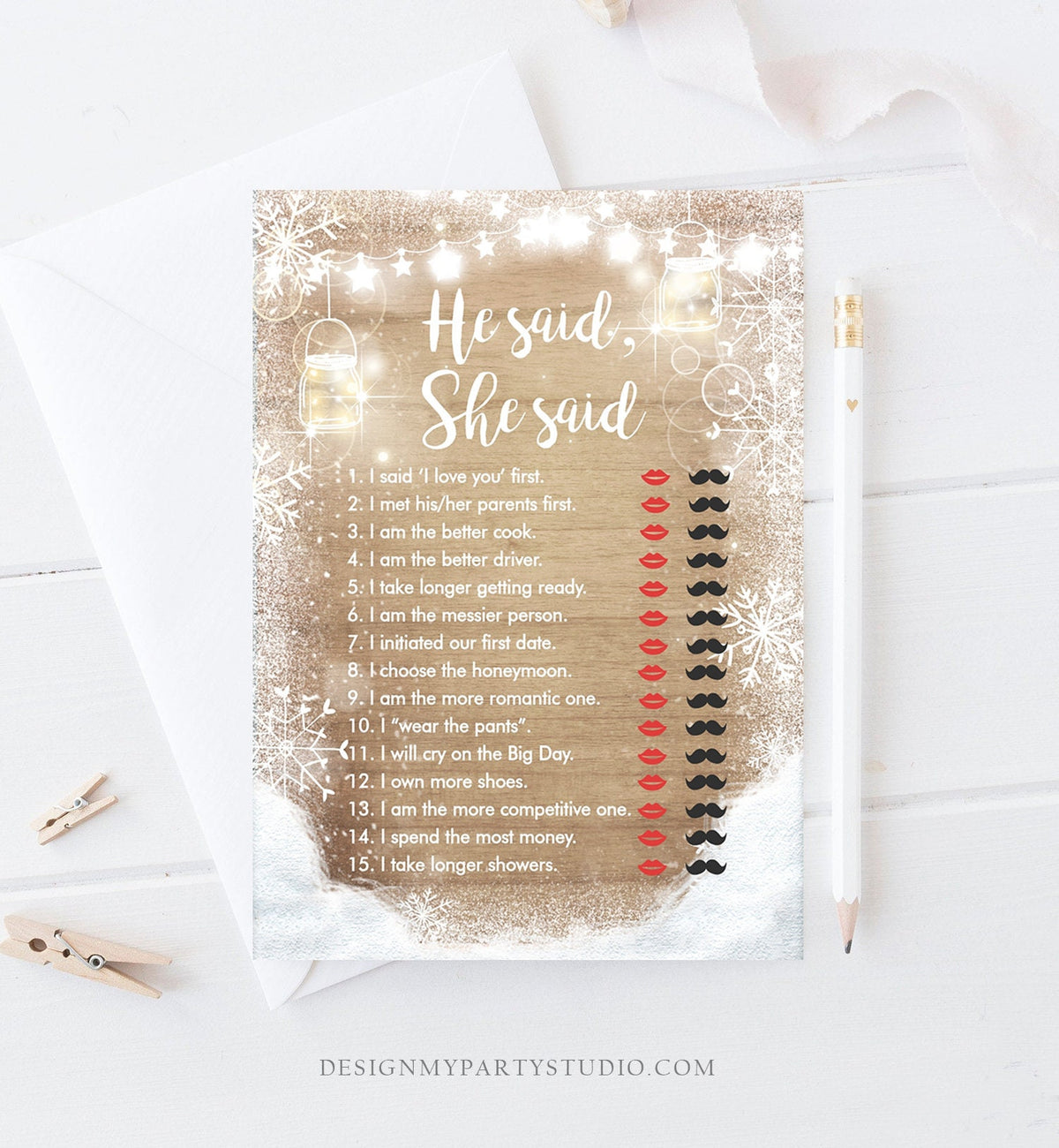 Editable He Said She Said Bridal Shower Game Winter Wedding Activity Baby Shower Its Cold Outside Rustic Wood Corjl Template Printable 0031