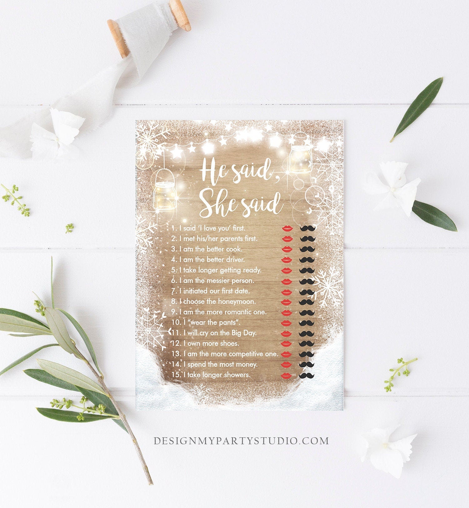 Editable He Said She Said Bridal Shower Game Winter Wedding Activity Baby Shower Its Cold Outside Rustic Wood Corjl Template Printable 0031