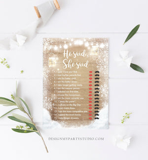 Editable He Said She Said Bridal Shower Game Winter Wedding Activity Baby Shower Its Cold Outside Rustic Wood Corjl Template Printable 0031
