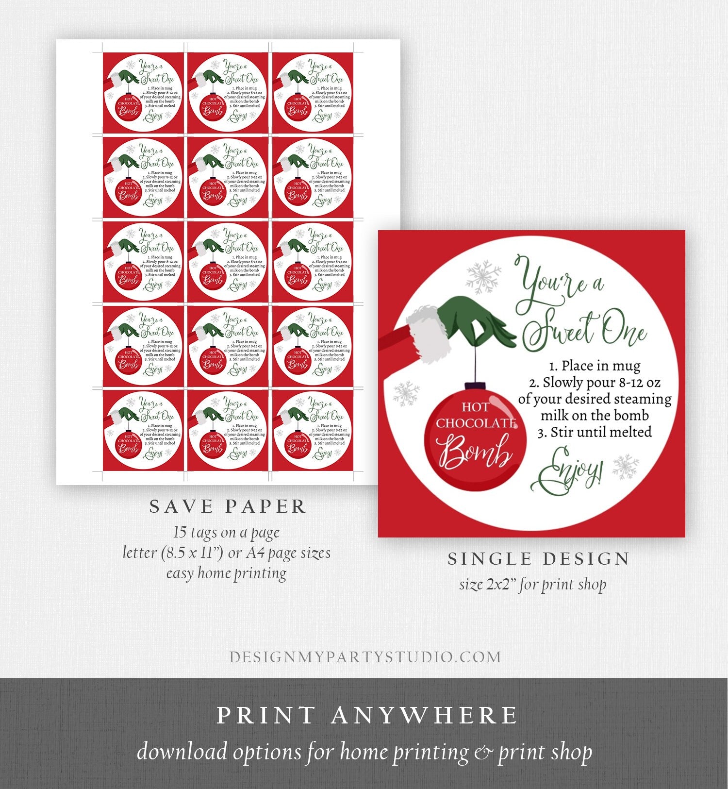 Editable Hot Chocolate Bomb Tags Bomb Instructions Green Red Holiday Favor Tags Winter Christmas You're a Sweet One Digital PRINTABLE 0358