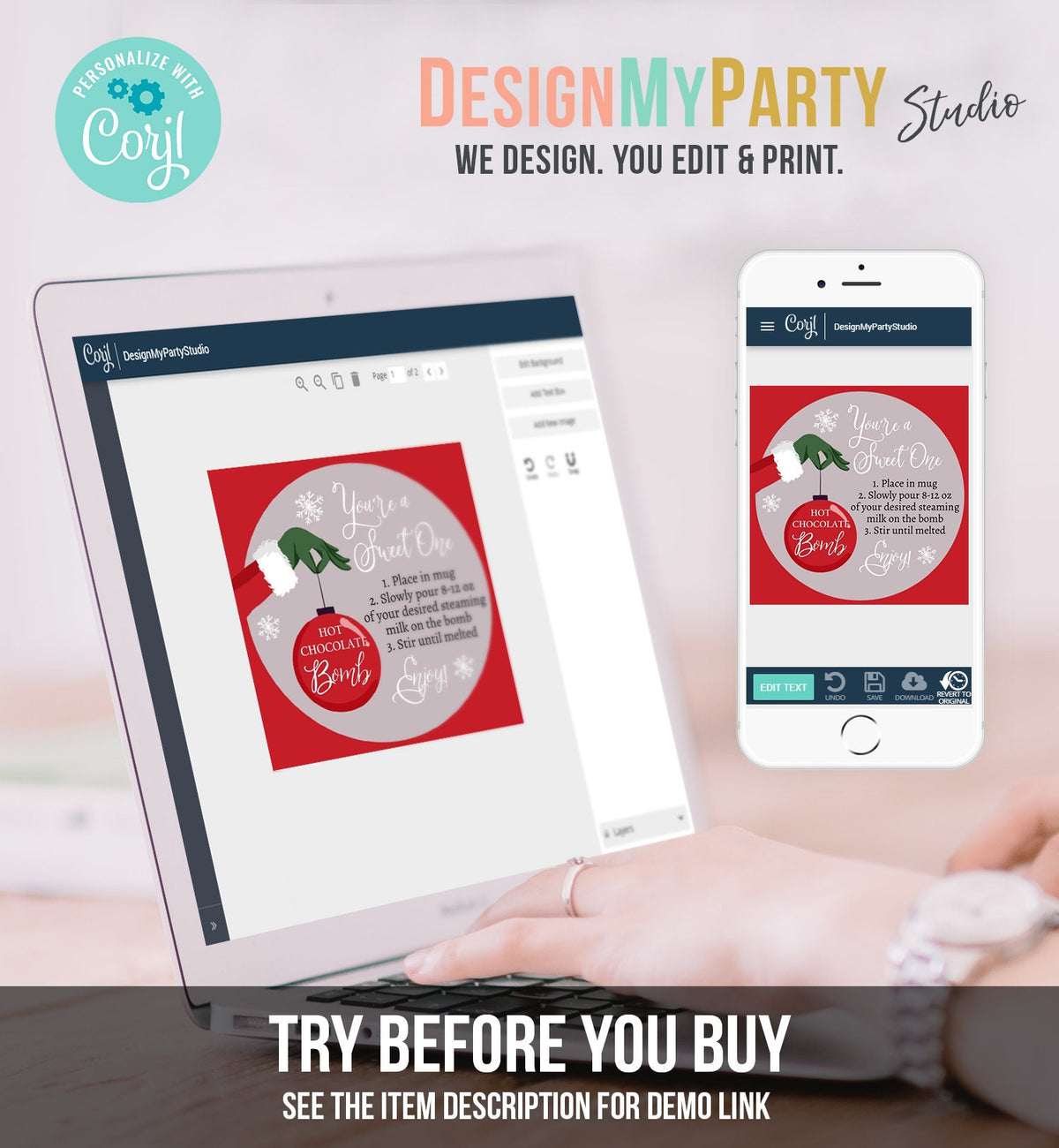 Editable Hot Chocolate Bomb Tags Bomb Instructions Green Red Holiday Favor Tags Winter Christmas You&#39;re a Sweet One Digital PRINTABLE 0353