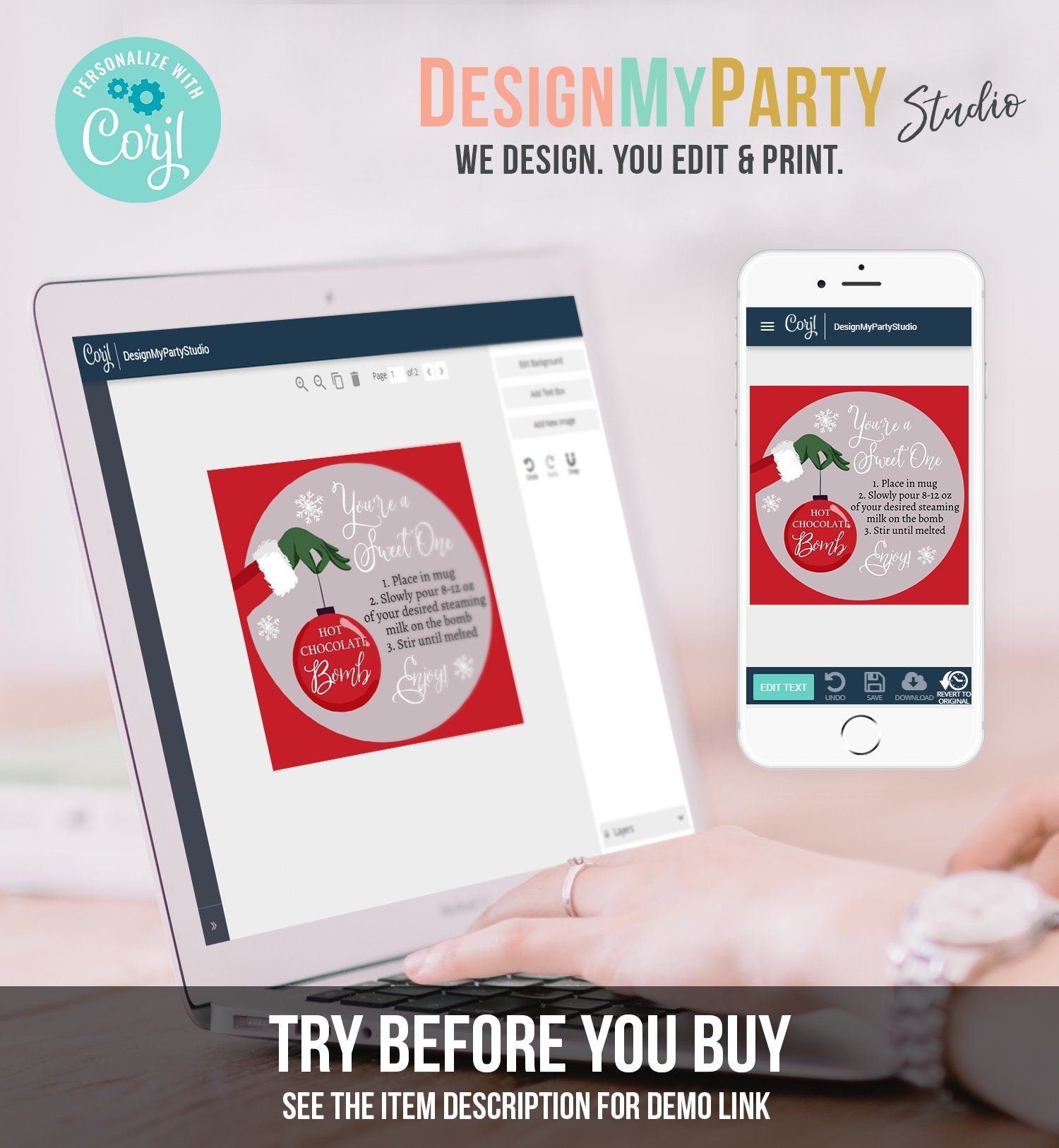 Editable Hot Chocolate Bomb Tags Bomb Instructions Green Red Holiday Favor Tags Winter Christmas You're a Sweet One Digital PRINTABLE 0353