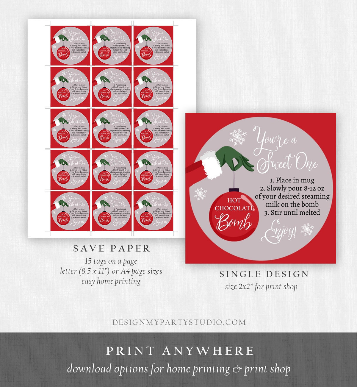 Editable Hot Chocolate Bomb Tags Bomb Instructions Green Red Holiday Favor Tags Winter Christmas You&#39;re a Sweet One Digital PRINTABLE 0353