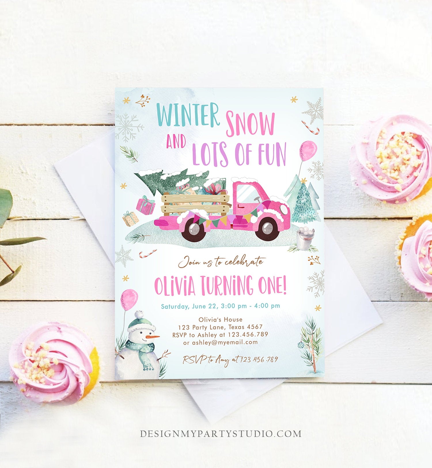 Editable Winter Truck Birthday Invitation Oh What Fun First Birthday One Pink Truck Drive By Through Download Corjl Template Printable 0278