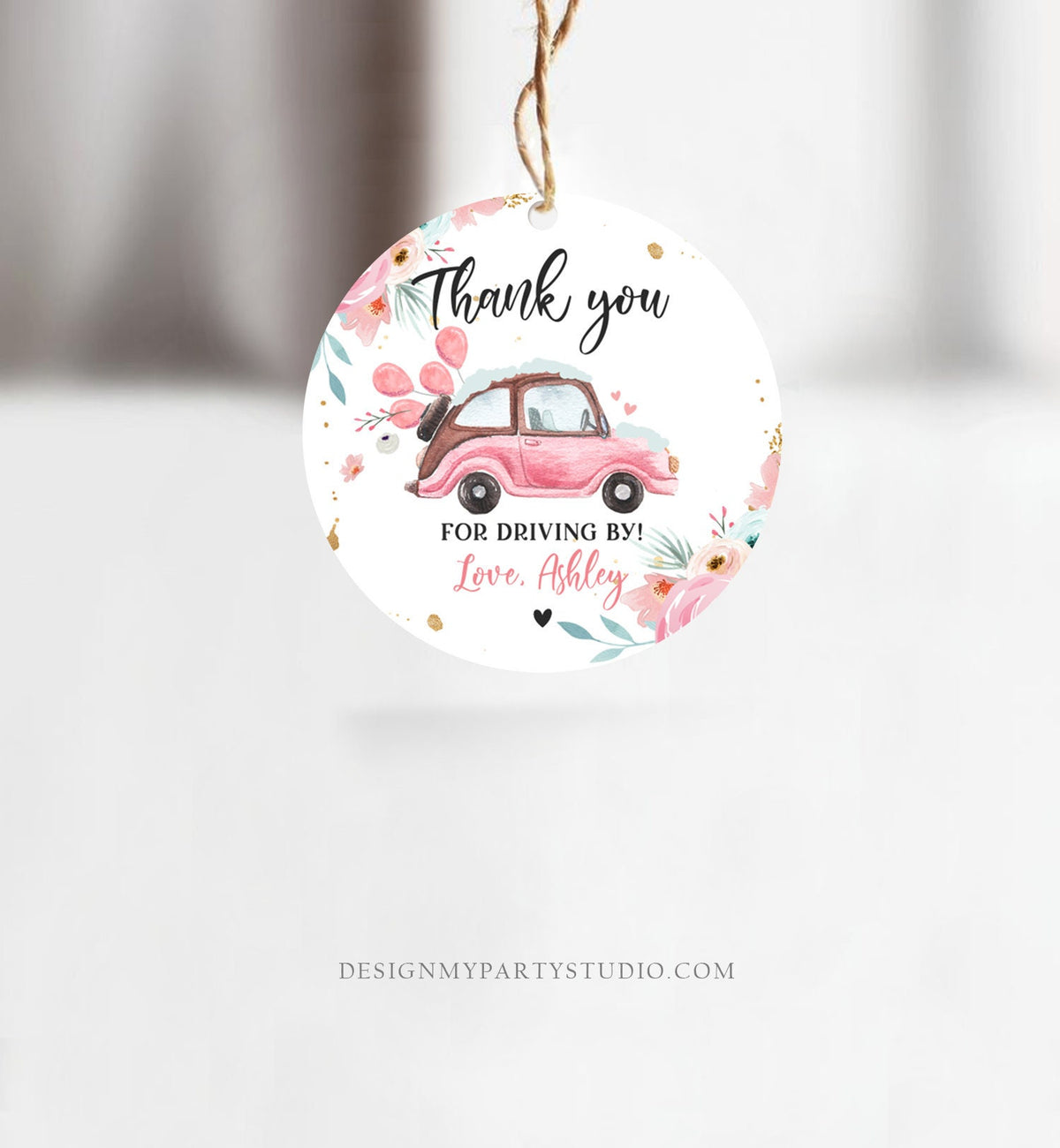 Editable Drive By Winter Favor Tag Thank You Driving By Baby Shower Birthday Parade Gift Quarantine Pink Floral Car Girl Corjl Template 0335
