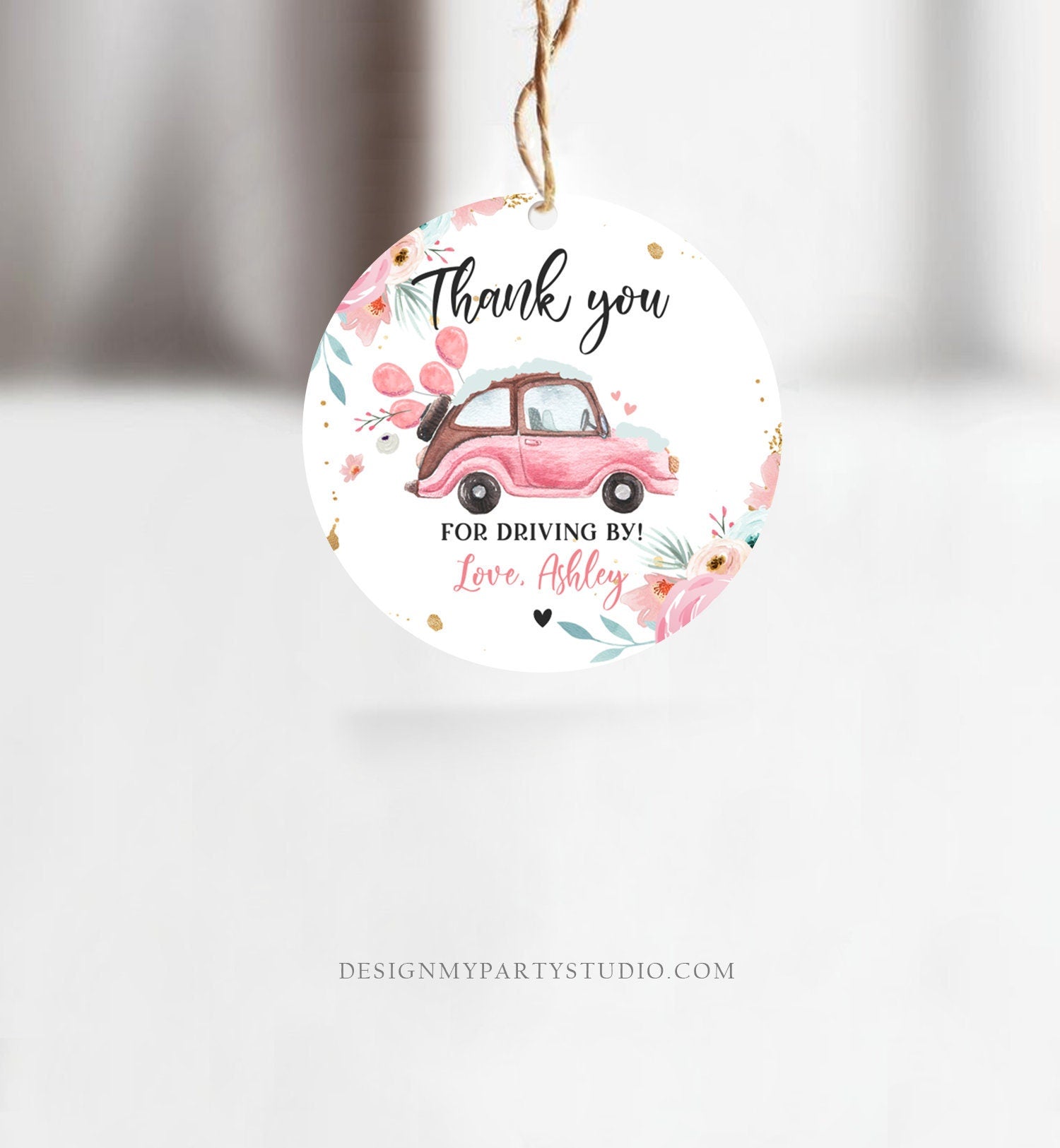 Editable Drive By Winter Favor Tag Thank You Driving By Baby Shower Birthday Parade Gift Quarantine Pink Floral Car Girl Corjl Template 0335