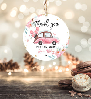 Editable Drive By Winter Favor Tag Thank You Driving By Baby Shower Birthday Parade Gift Quarantine Pink Floral Car Girl Corjl Template 0335