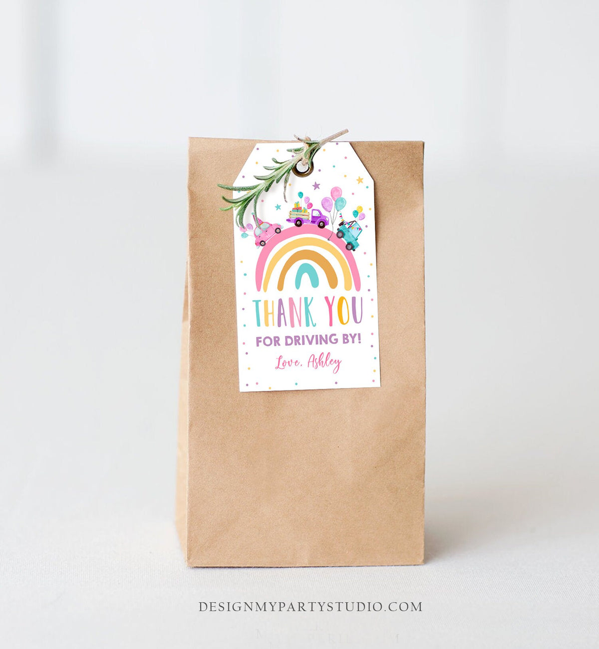 Editable Rainbow Favor Tag Drive By Birthday Favors Party Parade Magical Rainbow Thank You Gift Tags Pink Girl Corjl Template Printable 0333